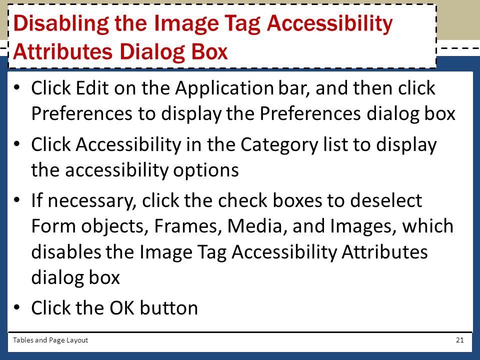 Disabling the Image Tag Accessibility Attributes Dialog Box