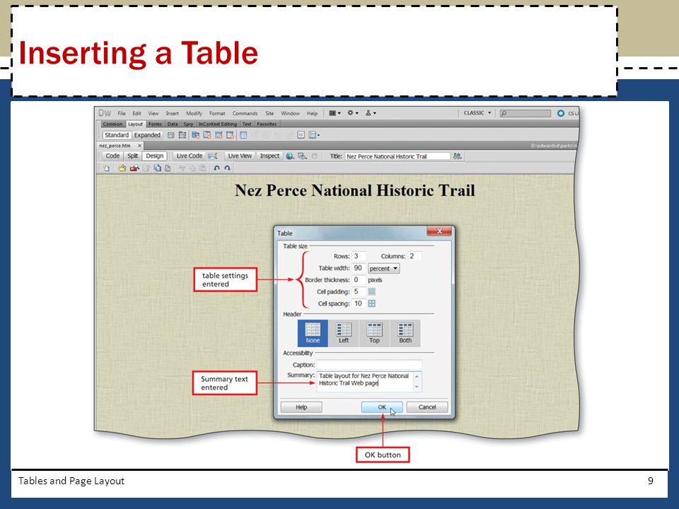 Inserting a Table Tables and Page Layout