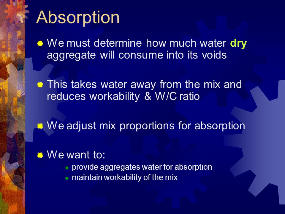 Absorption We must determine how much water dry aggregate will consume into its voids.