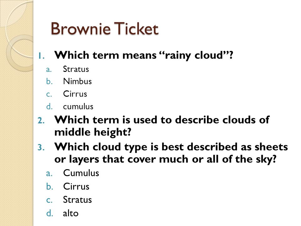 Brownie Ticket Which term means rainy cloud