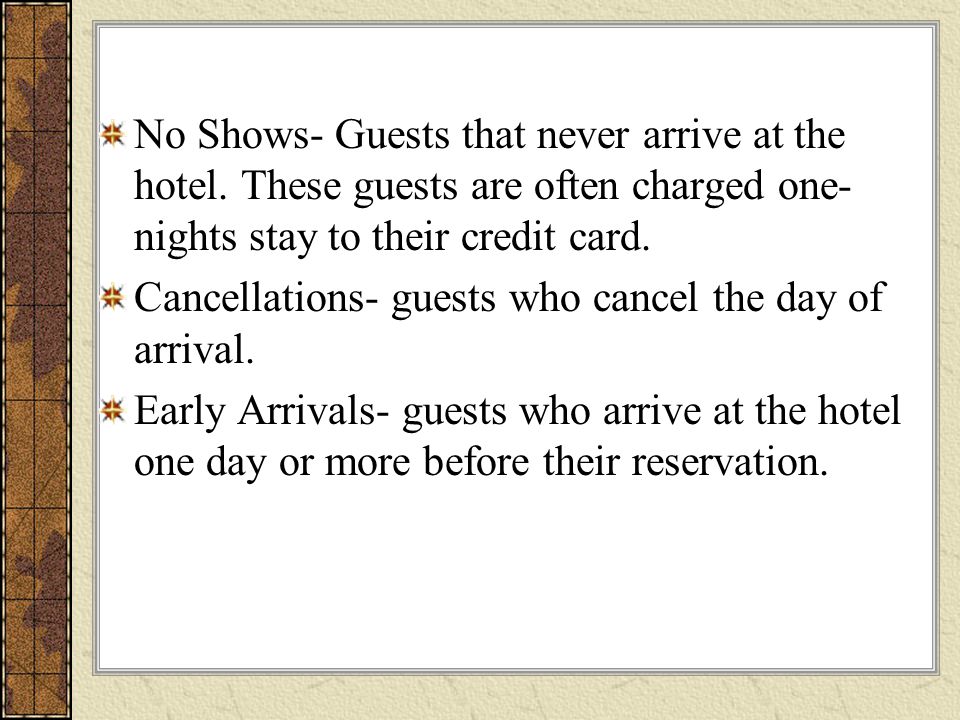 No Shows- Guests that never arrive at the hotel