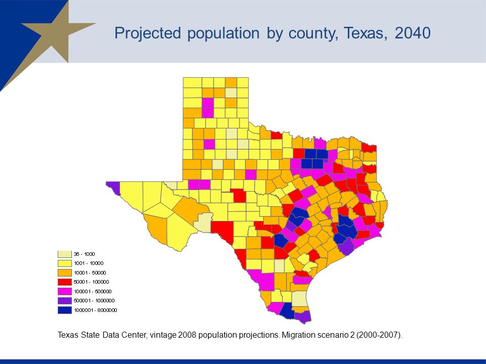 Projected population by county, Texas, 2040