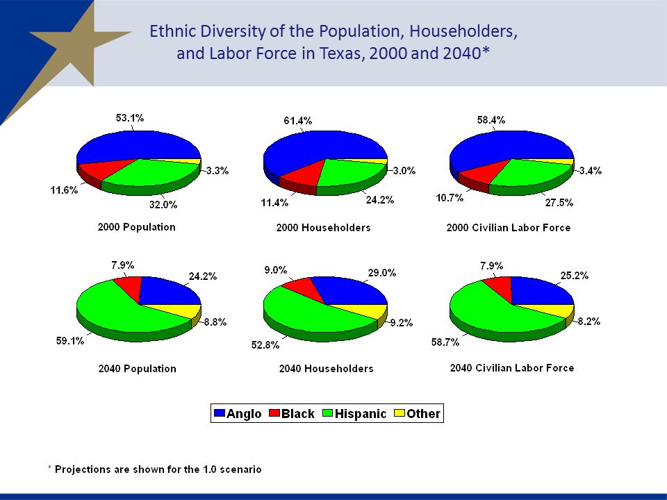 Ethnic Diversity of the Population, Householders, and Labor Force in Texas, 2000 and 2040*