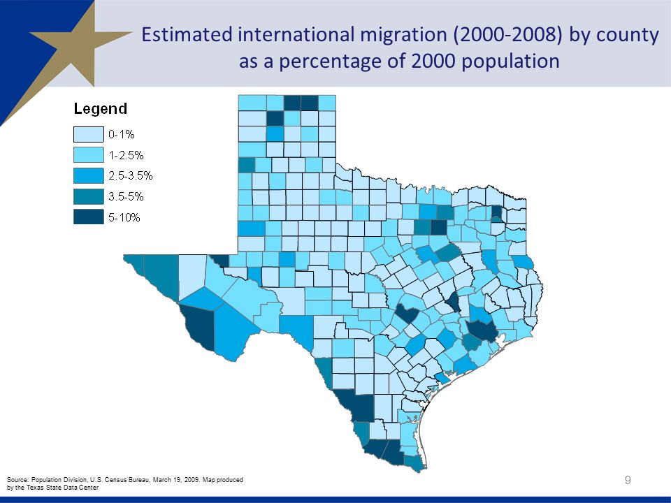 Estimated international migration ( ) by county as a percentage of 2000 population