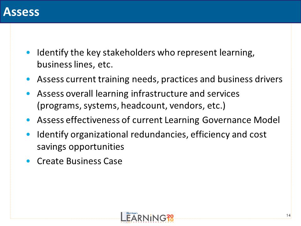 Assess Identify the key stakeholders who represent learning, business lines, etc. Assess current training needs, practices and business drivers.