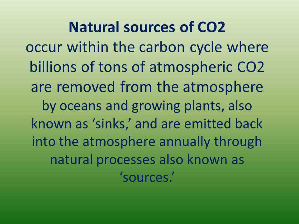 Natural sources of CO2 occur within the carbon cycle where billions of tons of atmospheric CO2 are removed from the atmosphere by oceans and growing plants, also known as ‘sinks,’ and are emitted back into the atmosphere annually through natural processes also known as ‘sources.’