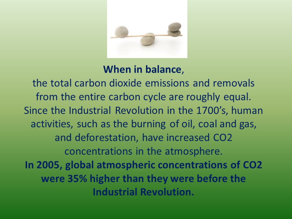 When in balance, the total carbon dioxide emissions and removals from the entire carbon cycle are roughly equal.