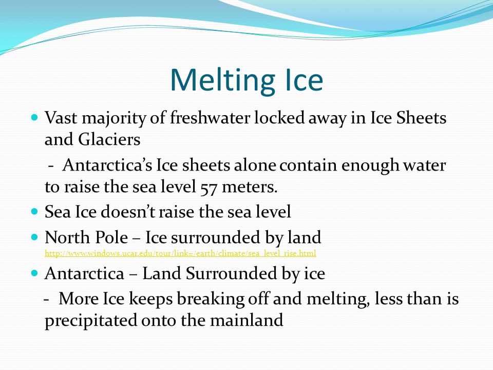 Melting Ice Vast majority of freshwater locked away in Ice Sheets and Glaciers.