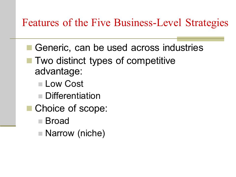 Features of the Five Business-Level Strategies