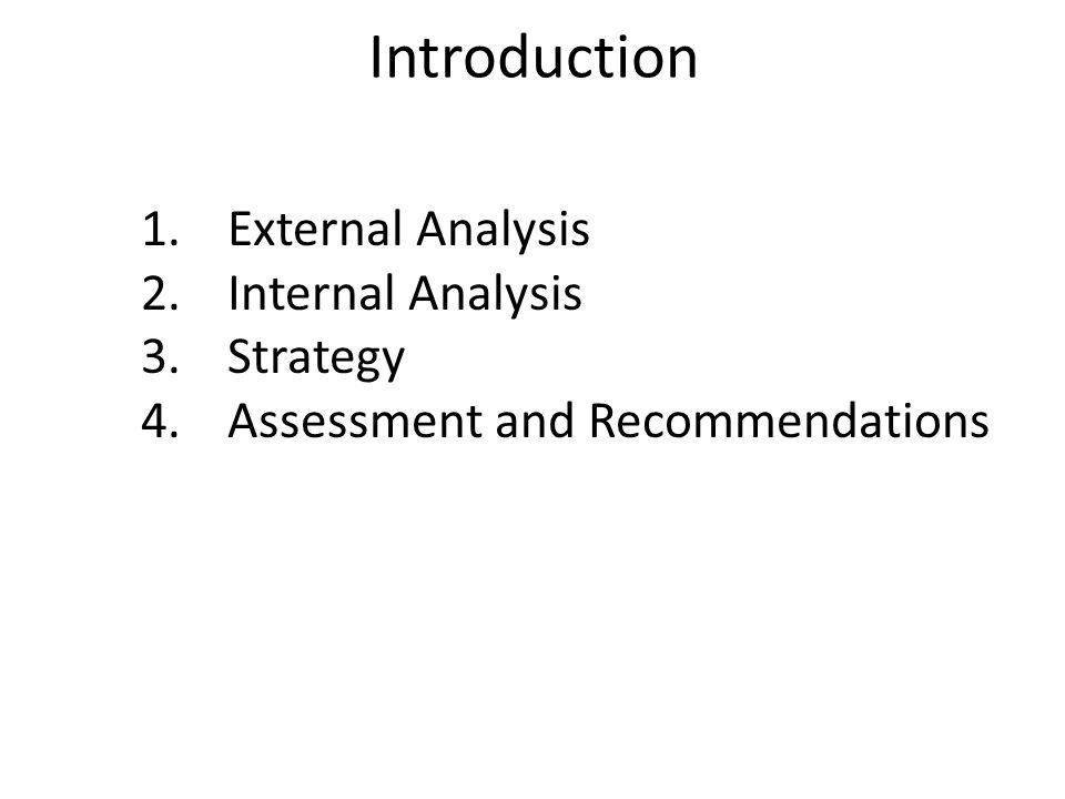 Introduction External Analysis Internal Analysis Strategy
