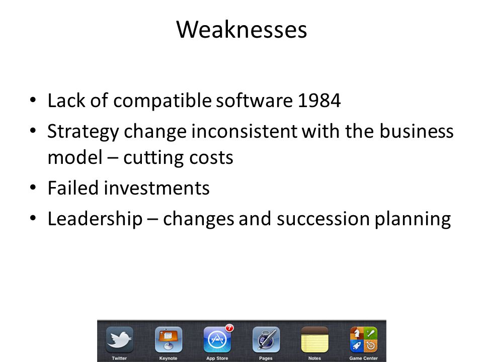 Weaknesses Lack of compatible software 1984