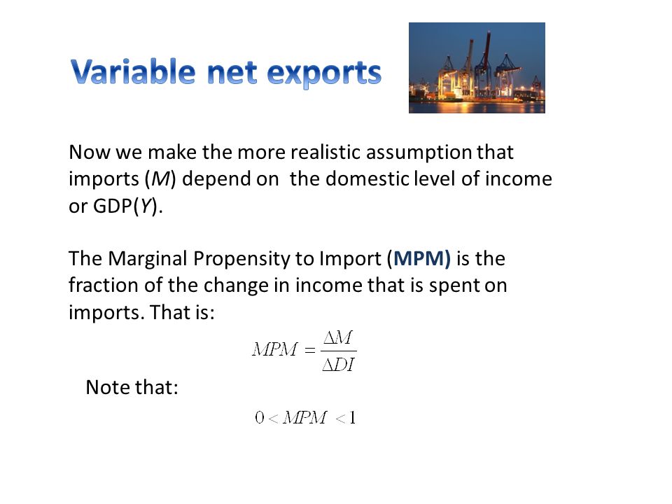 Variable net exports Now we make the more realistic assumption that imports (M) depend on the domestic level of income or GDP(Y).