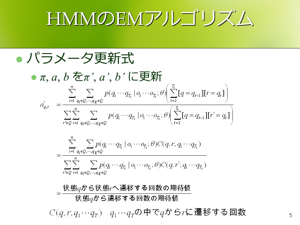 HMMのEMアルゴリズム パラメータ更新式 π, a, b をπ’, a’, b’ に更新
