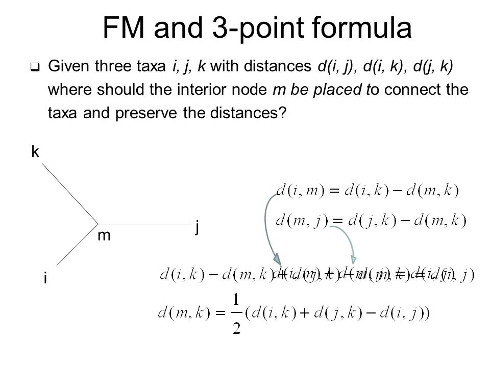 FM and 3-point formula Given three taxa i, j, k with distances d(i, j), d(i, k), d(j, k) where should the interior node m be placed to connect the.