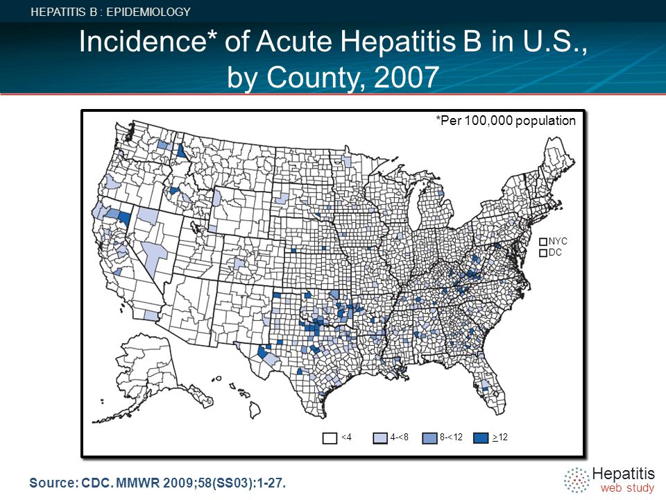 Incidence* of Acute Hepatitis B in U.S., by County, 2007