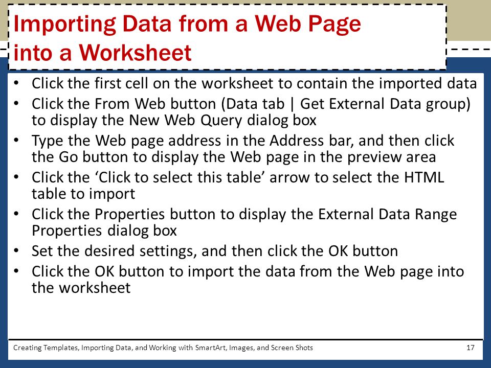 Importing Data from a Web Page into a Worksheet