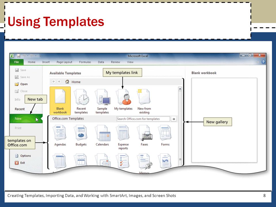 Using Templates Creating Templates, Importing Data, and Working with SmartArt, Images, and Screen Shots.