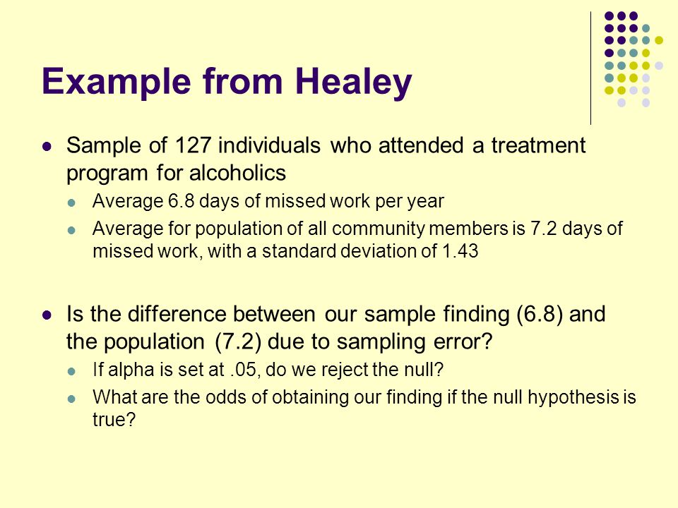 Example from Healey Sample of 127 individuals who attended a treatment program for alcoholics. Average 6.8 days of missed work per year.