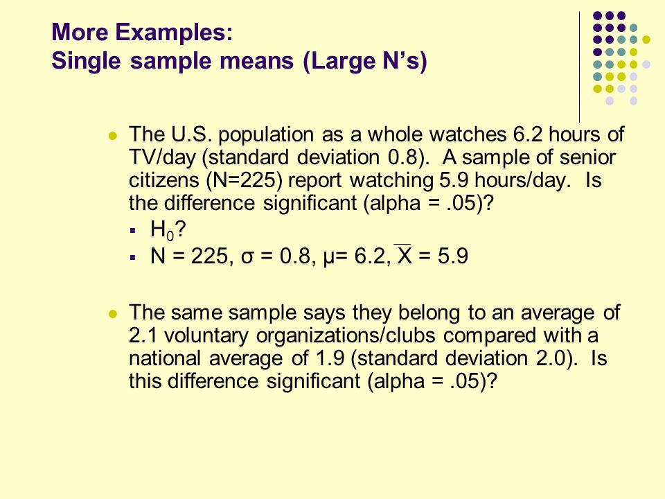 More Examples: Single sample means (Large N’s)