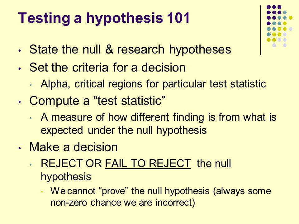 Testing a hypothesis 101 State the null & research hypotheses