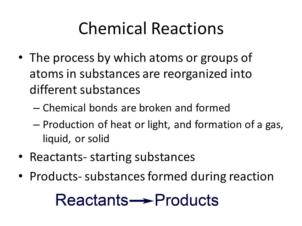 Chemical Reactions The process by which atoms or groups of atoms in substances are reorganized into different substances.
