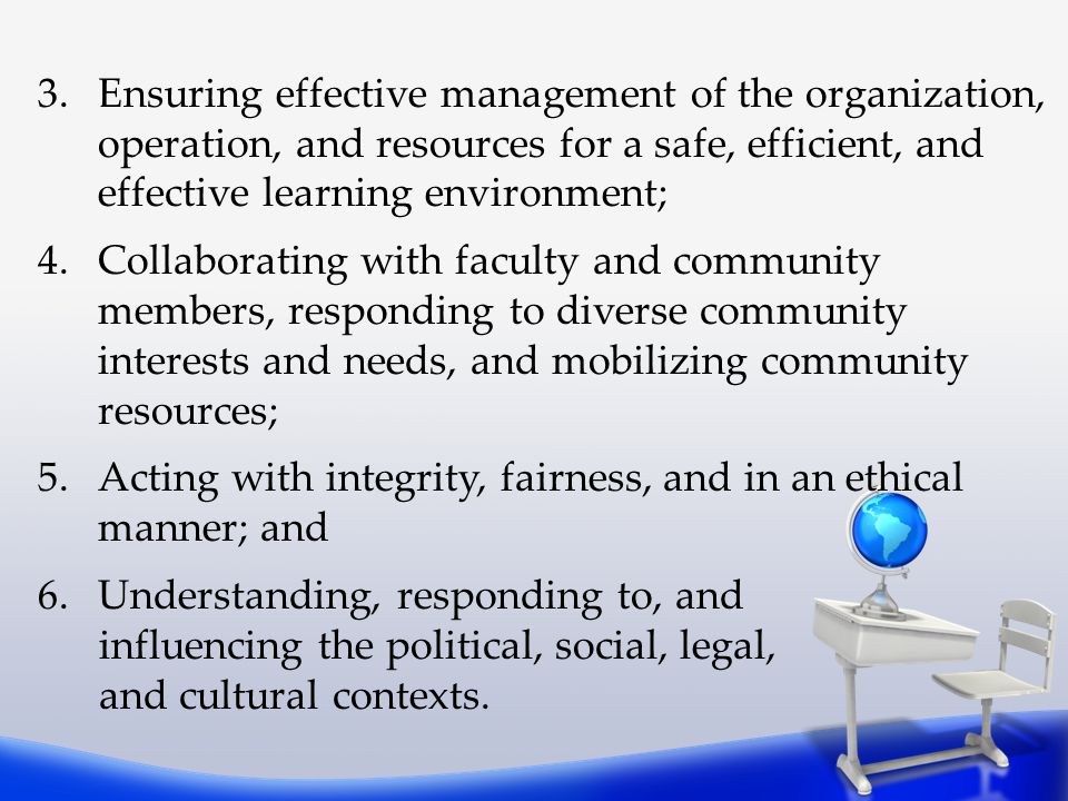 Ensuring effective management of the organization, operation, and resources for a safe, efficient, and effective learning environment;