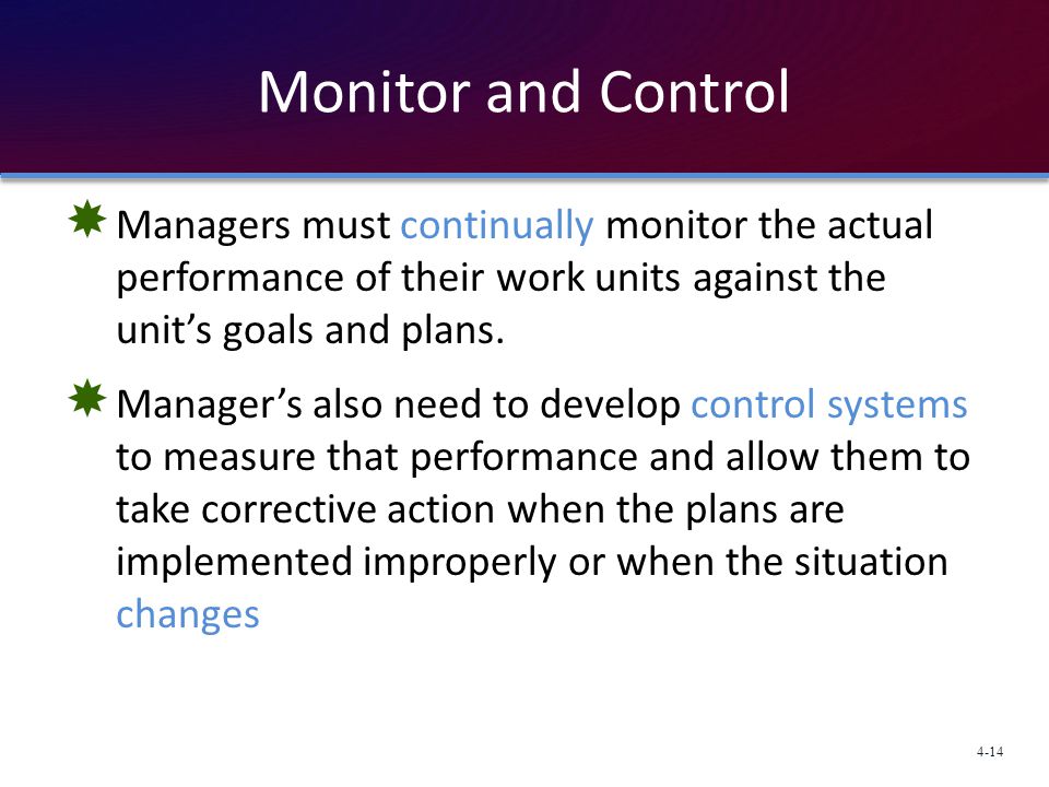 Monitor and Control Managers must continually monitor the actual performance of their work units against the unit’s goals and plans.
