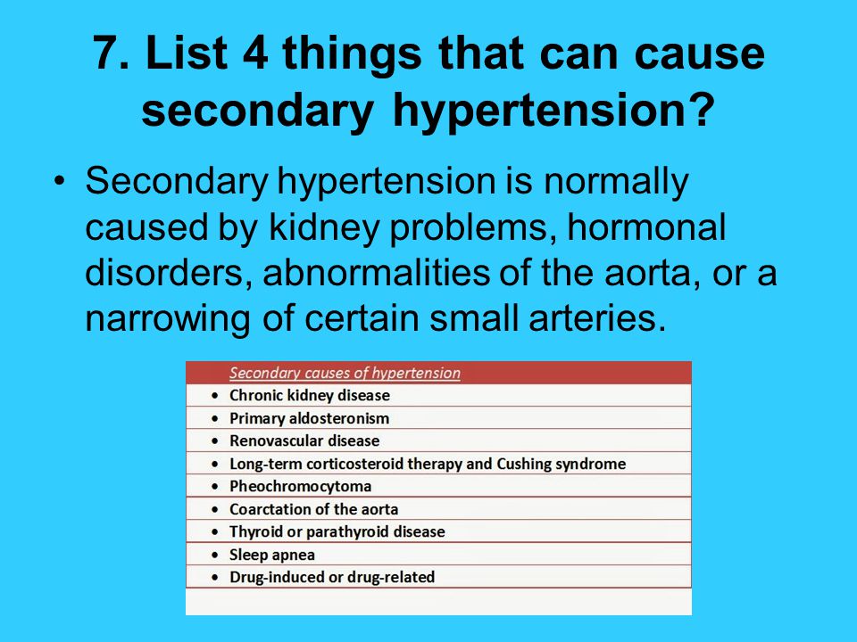 7. List 4 things that can cause secondary hypertension