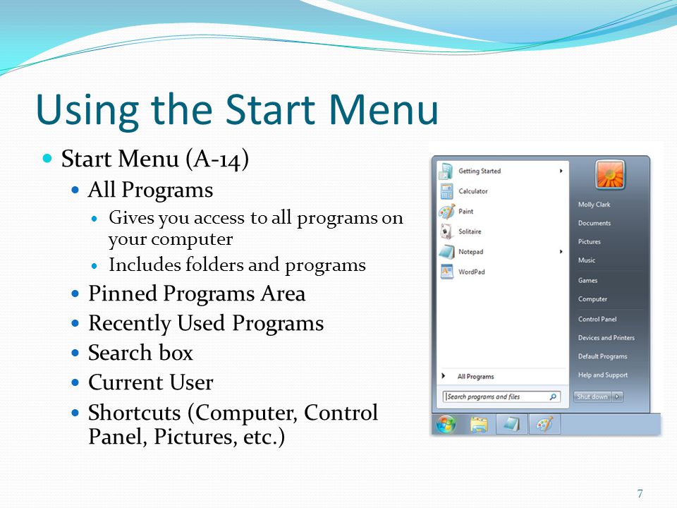 Using the Start Menu Start Menu (A-14) All Programs