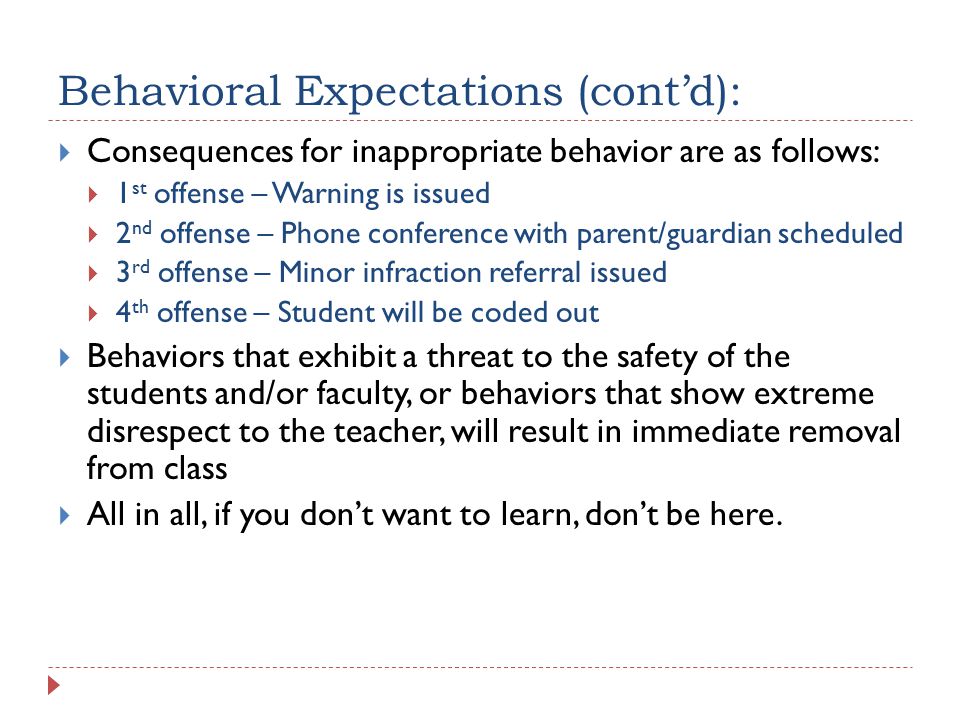 Behavioral Expectations (cont’d):