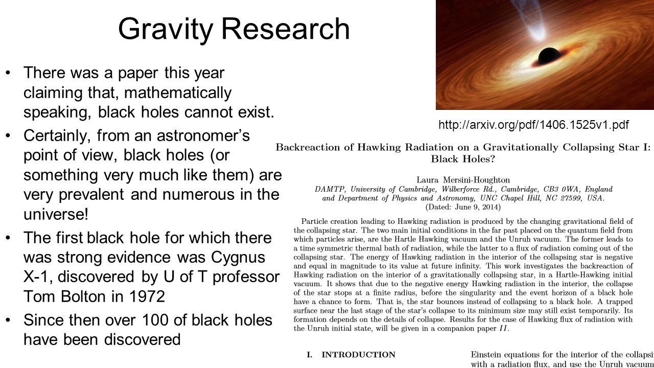 Gravity Research There was a paper this year claiming that, mathematically speaking, black holes cannot exist.