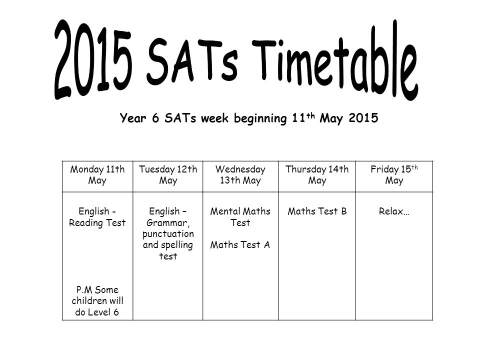 2015 SATs Timetable Year 6 SATs week beginning 11th May 2015
