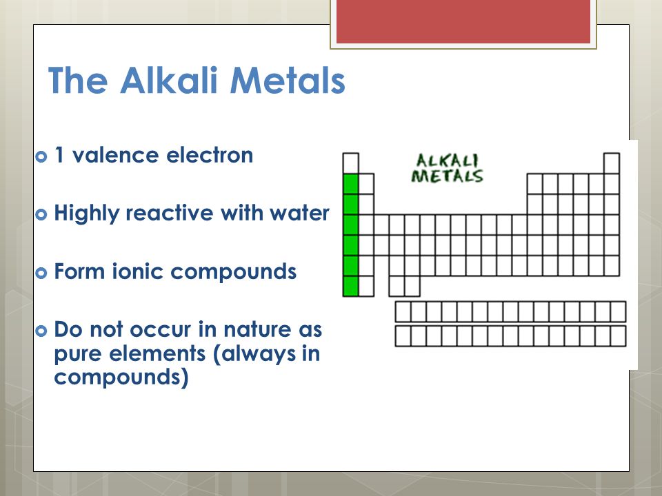 The Alkali Metals 1 valence electron Highly reactive with water