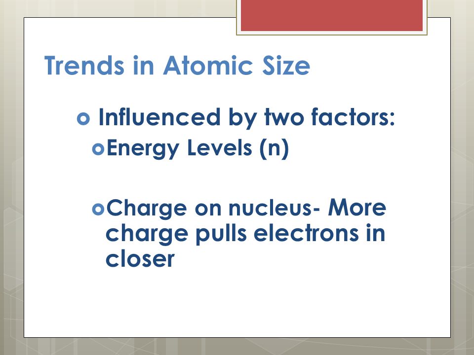 Trends in Atomic Size Influenced by two factors: Energy Levels (n)