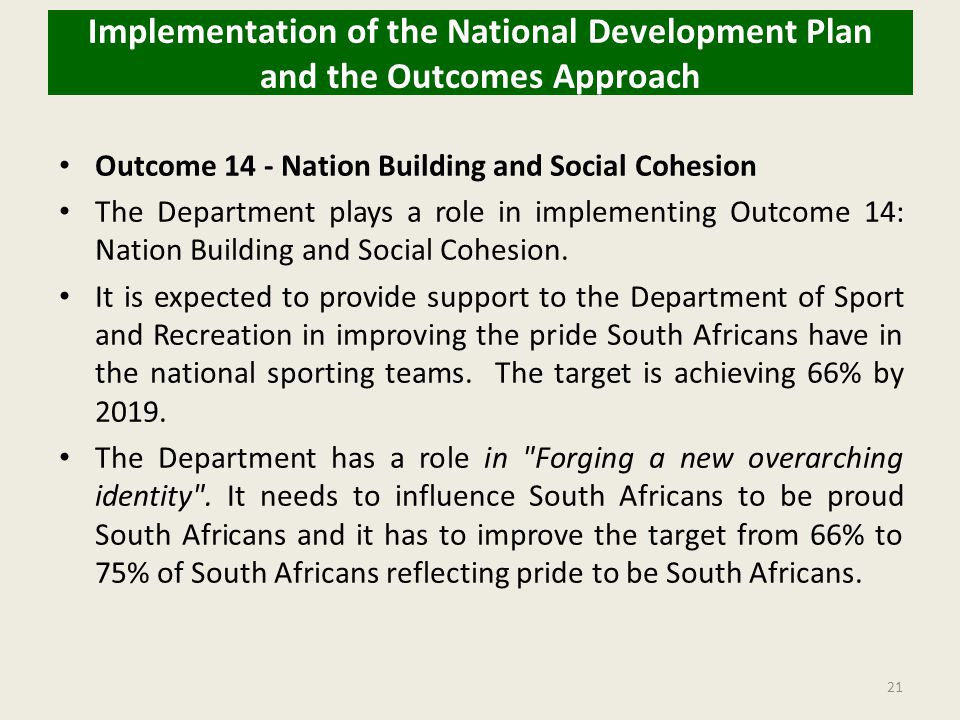 Implementation of the National Development Plan and the Outcomes Approach