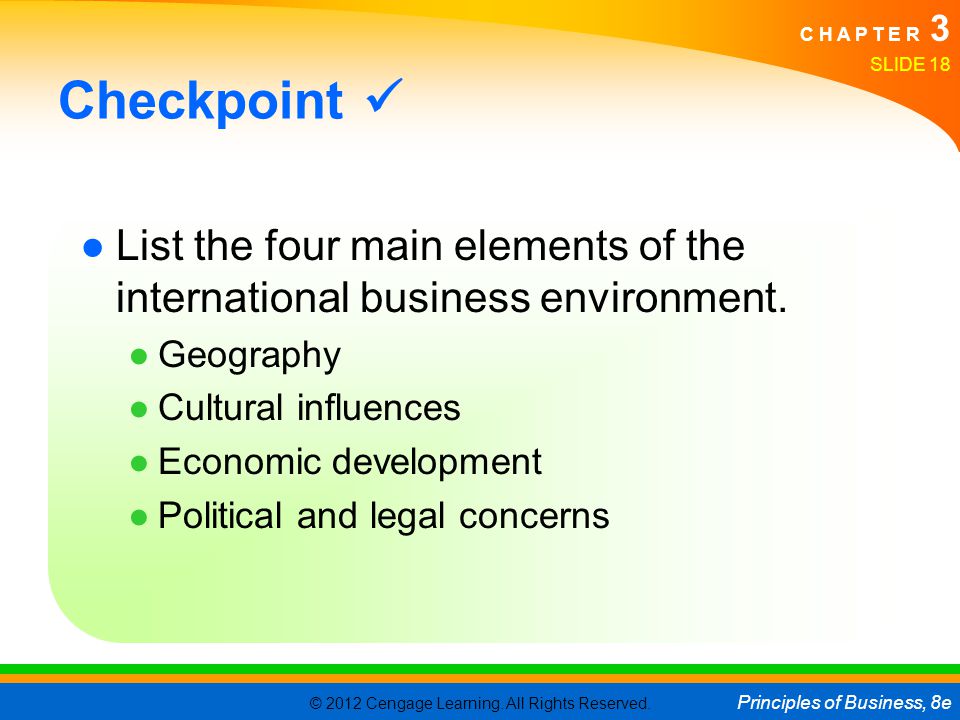 Checkpoint  List the four main elements of the international business environment. Geography. Cultural influences.