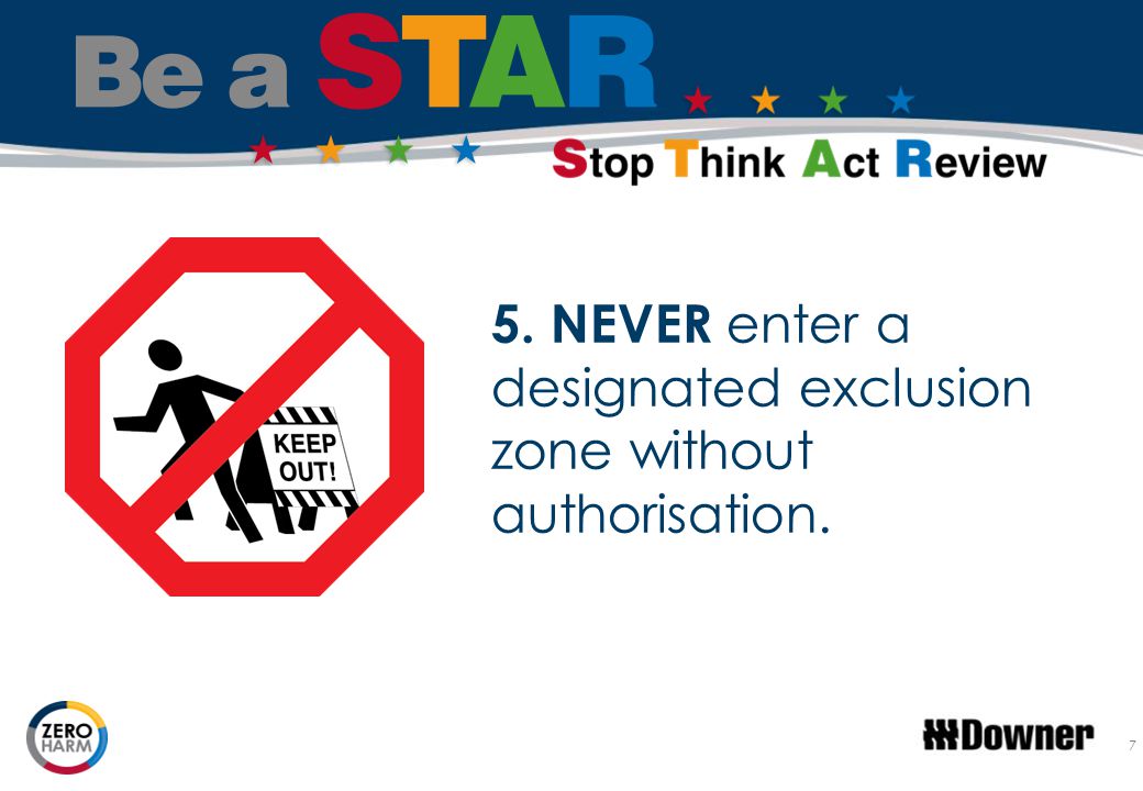 5. NEVER enter a designated exclusion zone without authorisation.