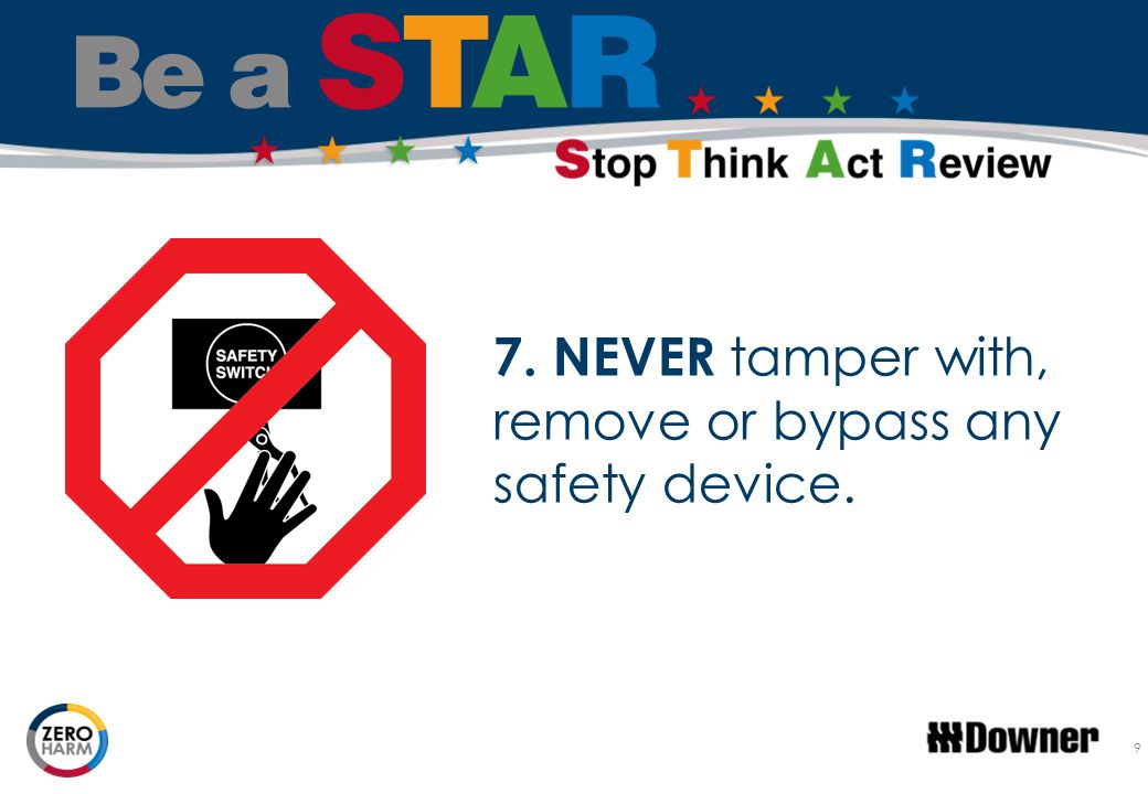 7. NEVER tamper with, remove or bypass any safety device.