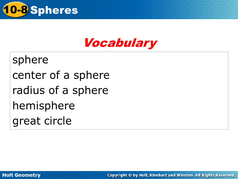 Vocabulary sphere center of a sphere radius of a sphere hemisphere