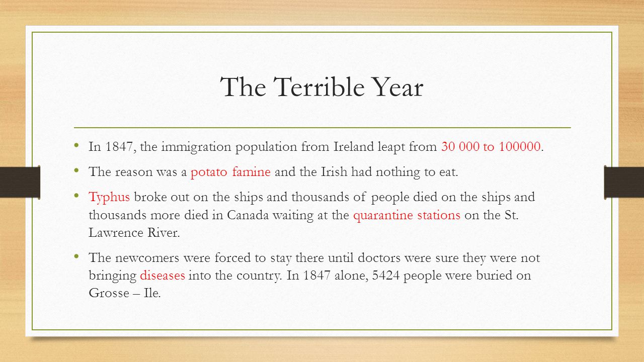 The Terrible Year In 1847, the immigration population from Ireland leapt from to