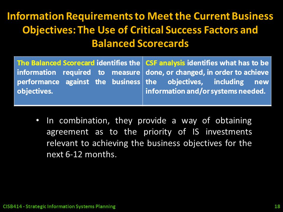 Information Requirements to Meet the Current Business Objectives: The Use of Critical Success Factors and Balanced Scorecards