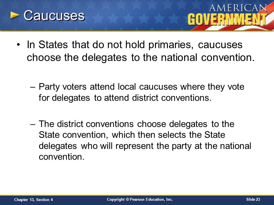 Caucuses In States that do not hold primaries, caucuses choose the delegates to the national convention.