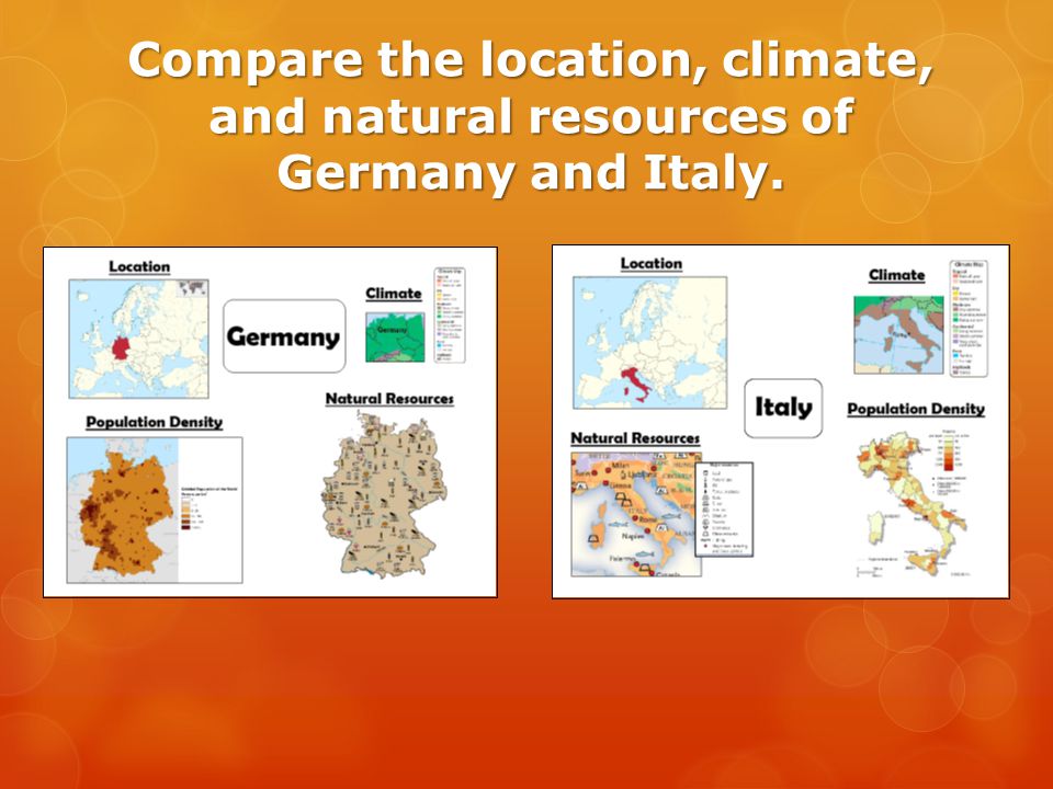 Compare the location, climate, and natural resources of Germany and Italy.