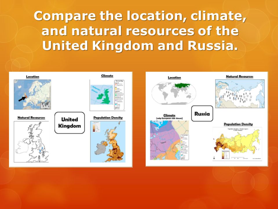 Compare the location, climate, and natural resources of the United Kingdom and Russia.