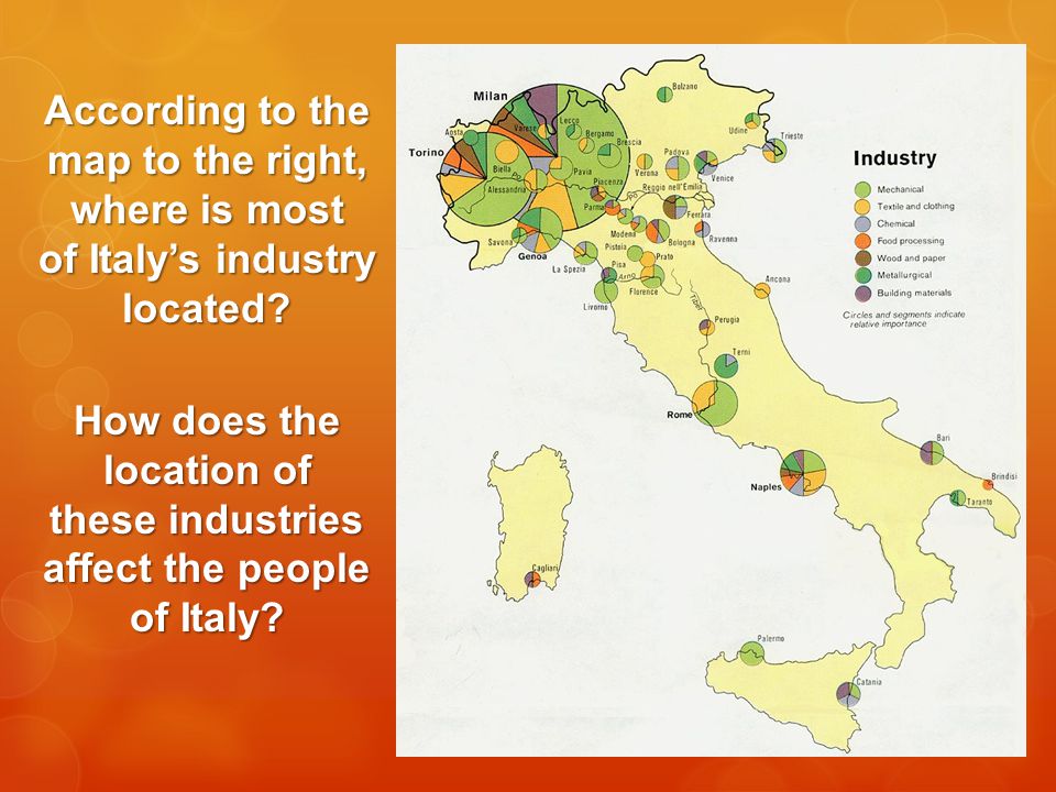 According to the map to the right, where is most of Italy’s industry