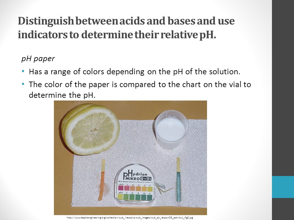 Distinguish between acids and bases and use indicators to determine their relative pH.