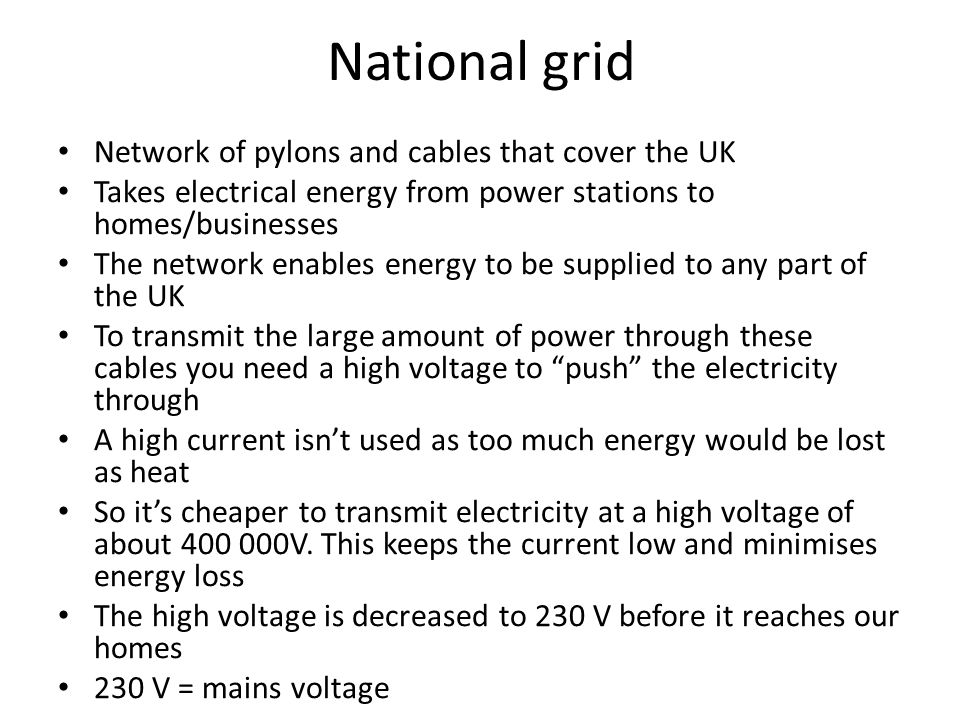 National grid Network of pylons and cables that cover the UK
