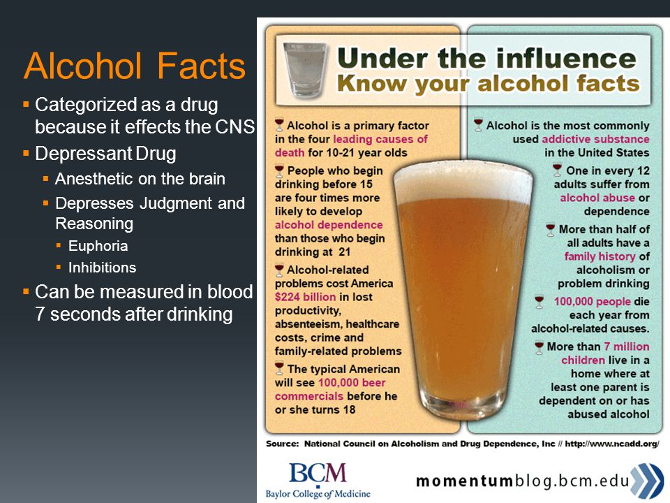 Alcohol Facts Categorized as a drug because it effects the CNS.