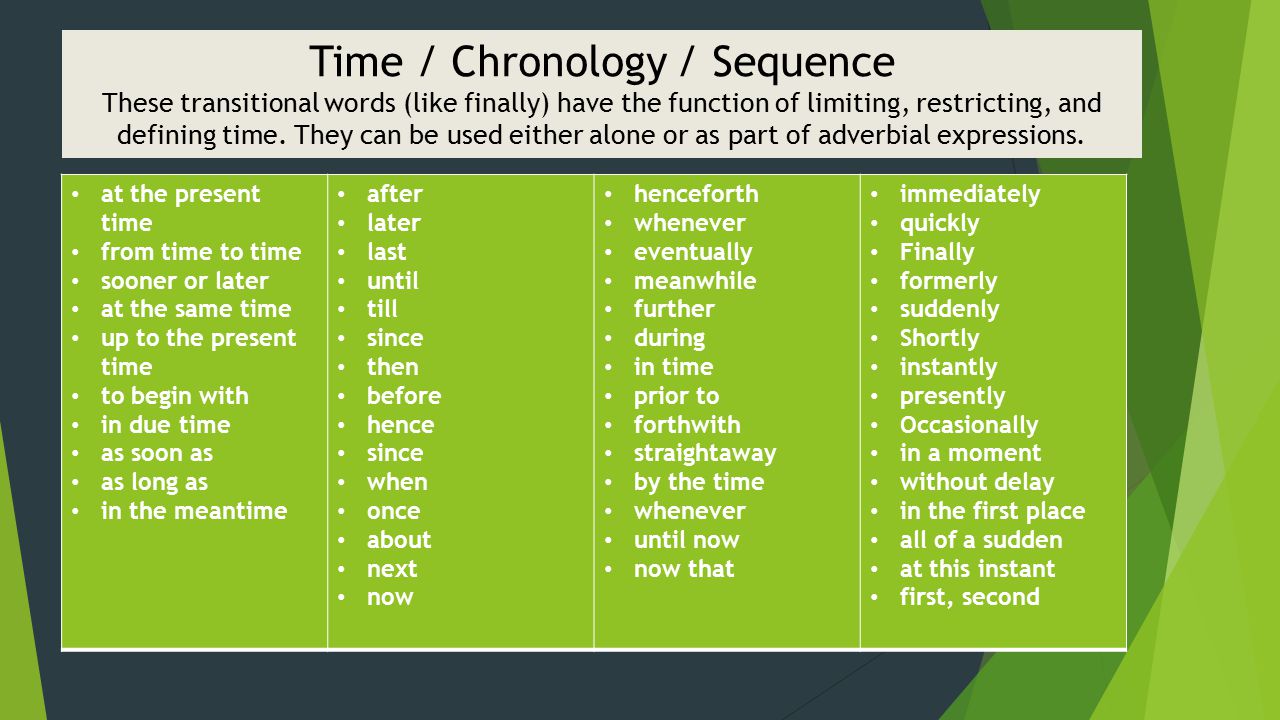 Time / Chronology / Sequence These transitional words (like finally) have the function of limiting, restricting, and defining time. They can be used either alone or as part of adverbial expressions.