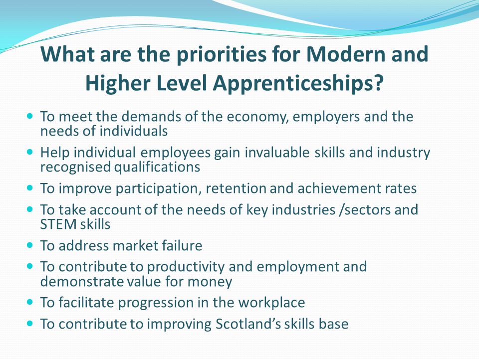What are the priorities for Modern and Higher Level Apprenticeships